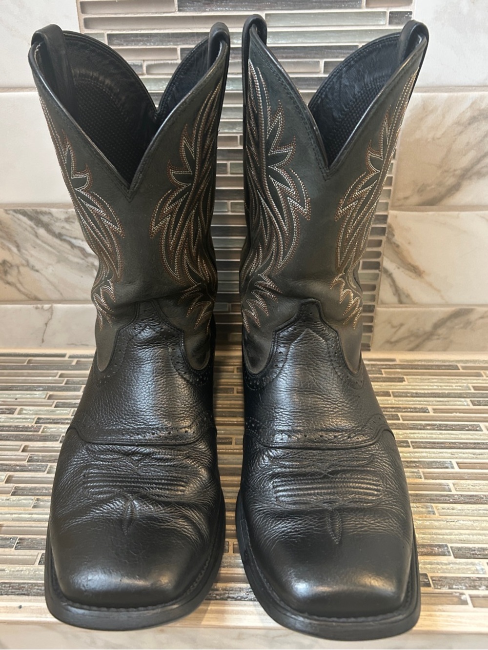Ariat Black Leather Western Cowboy Boots with Brown Stitching - Picture 3 of 12